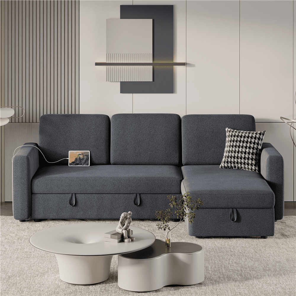 Alden Design Reversible Sectional Sofa with Storage Compartment & USB Ports for Livingroom, Dark Gray