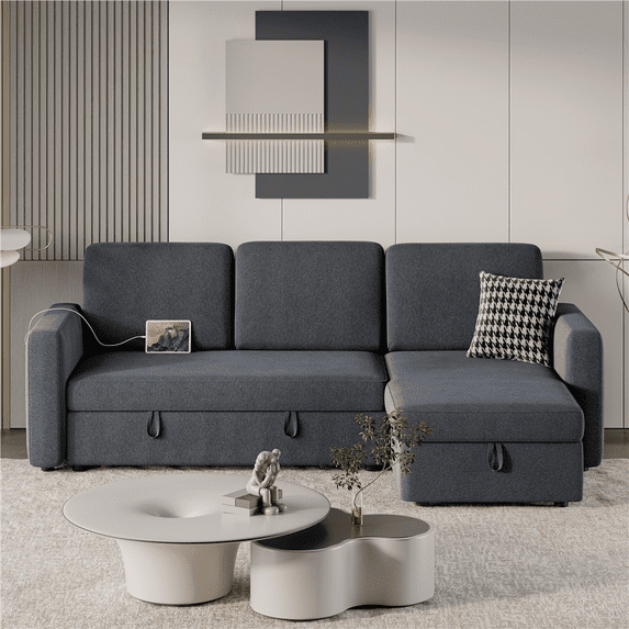 Alden Design Reversible Sectional Sofa with Storage Compartment & USB Ports for Livingroom, Dark Gray