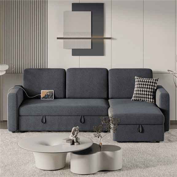 Alden Design Reversible Sectional Sofa with Storage Compartment & USB Ports for Livingroom, Dark Gray