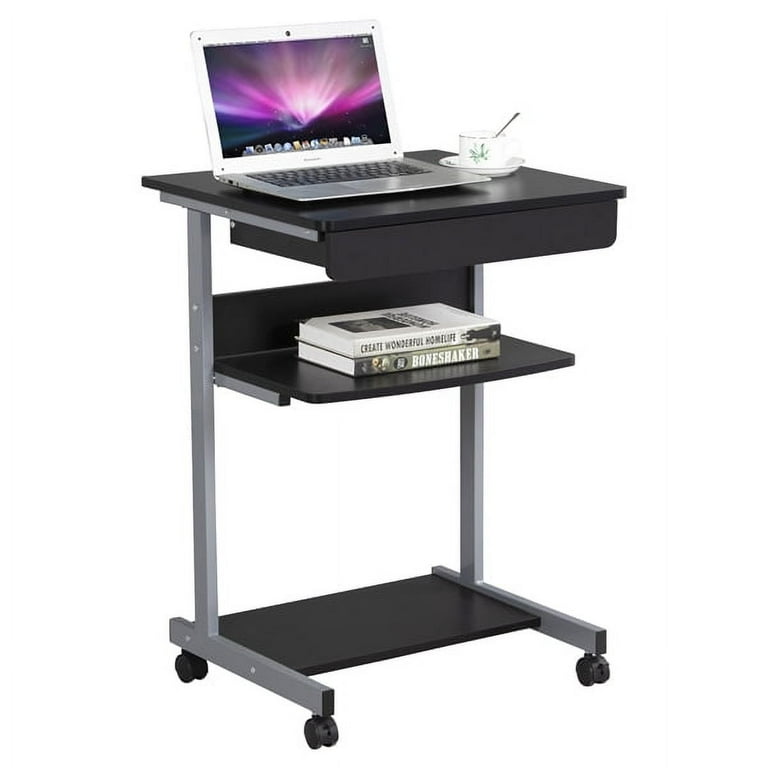 Alden Design Rolling Computer Desk with 2 Storage Shelves and Drawer Black Walmart