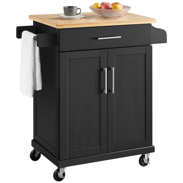 Alden Design Rolling Storage Kitchen Cart with Pull Out Drawer, Black