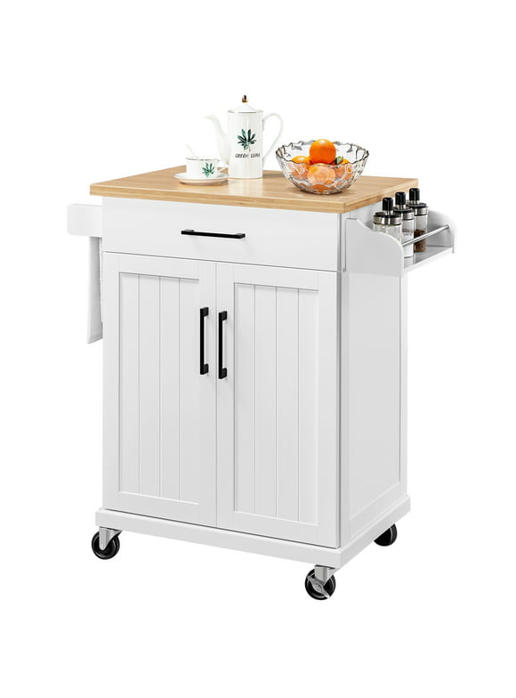 Alden Design Rolling Storage Kitchen Cart with Pull Out Drawer, White