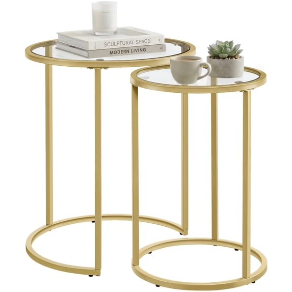 Alden Design Round Iron Nesting Tables for Living Room, Gold/Clear, Set of 2