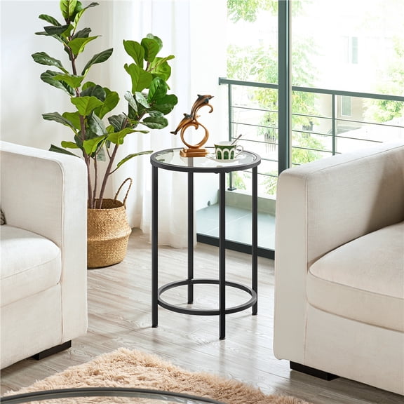 Alden Design Round Metal End Table with Glass Top for Livingroom, Black