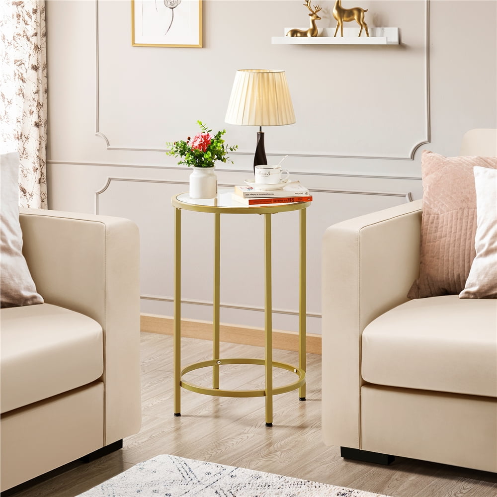 Alden Design Round Metal End Table with Glass Top for Livingroom, Gold ...
