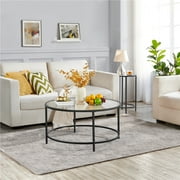 Alden Design Round Modern Glass-Top Coffee Table for Living Room, Black