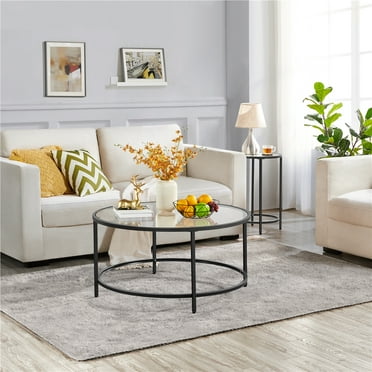 Alden Design Round Modern Glass-Top Coffee Table for Living Room, Black
