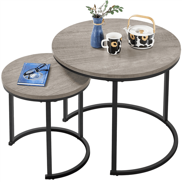 Alden Design Rustic Nesting Coffee Table Set with Round Wooden Tabletop, Gray