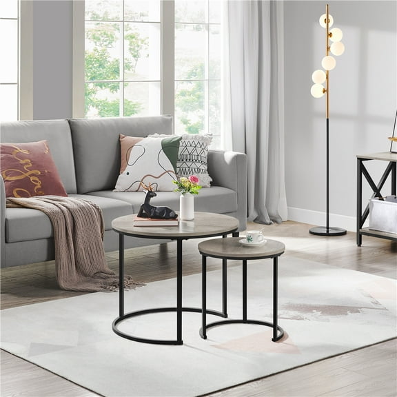 Alden Design Rustic Nesting Coffee Table Set with Round Wooden Tabletop for Livingroom, Gray