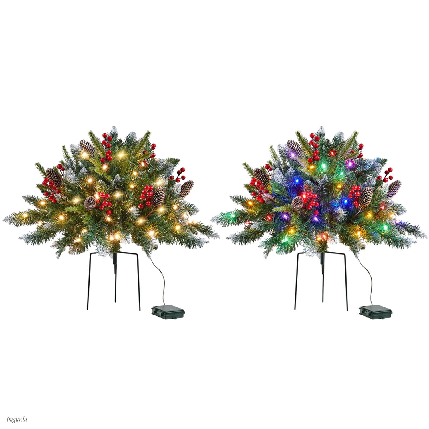 Alden Design Set of 2 Pre-Lit Outdoor Frosted Christmas Trees with LED Lights, Red Berries, Pinecones, Artificial Christmas Trees for Porch, Yard, Green