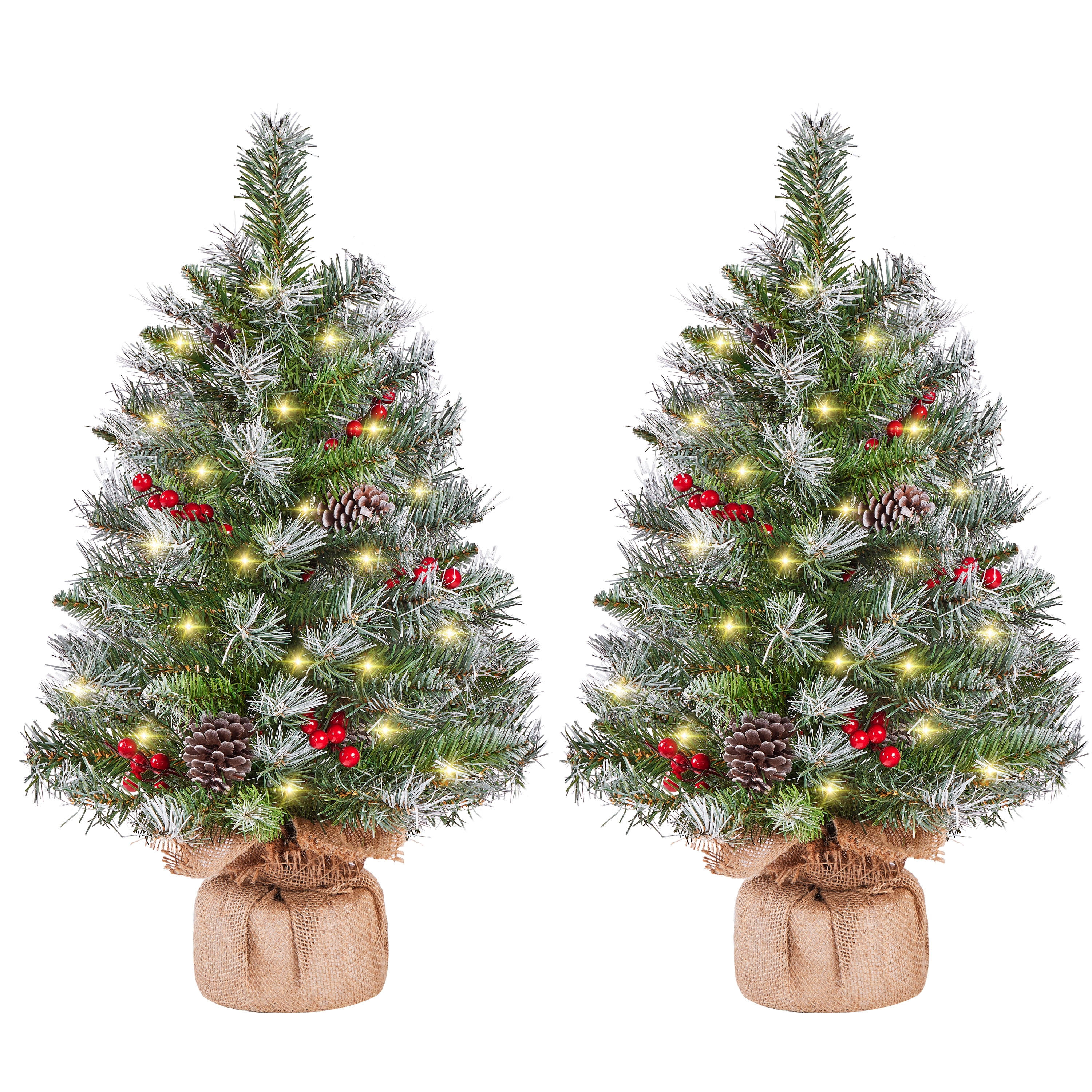 Alden Design Set of 2 2FT Frosted Tabletop Christmas Trees with Warm White LED Lights, Pinecones & Berries, Green