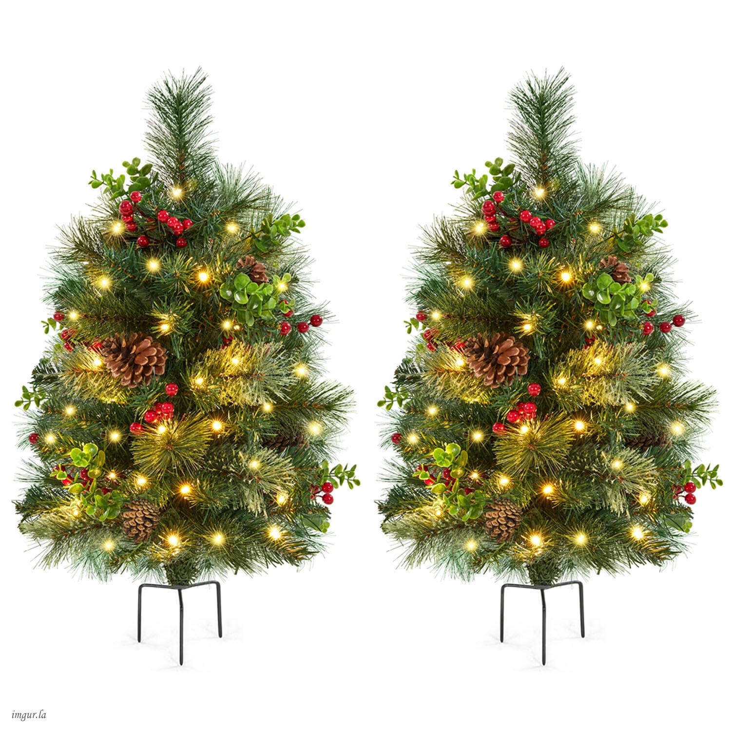 Alden Design Set of 2 2FT Pre-lit Outdoor Pathway Christmas Trees with Stakes, Red Berries and Pinecones for Driveway, Green