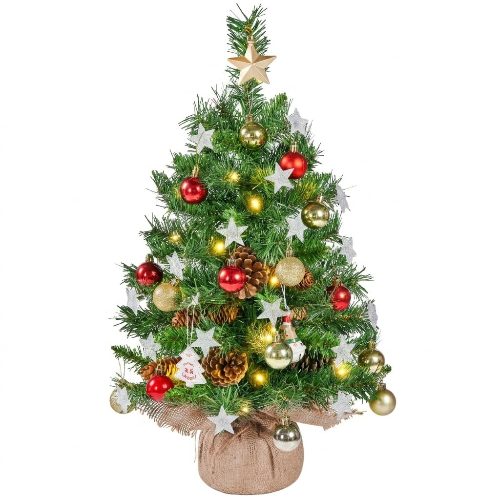 Alden Design Set of 2 2FT Tabletop Christmas Trees with Warm White LED Lights and Decorative Accents, Green