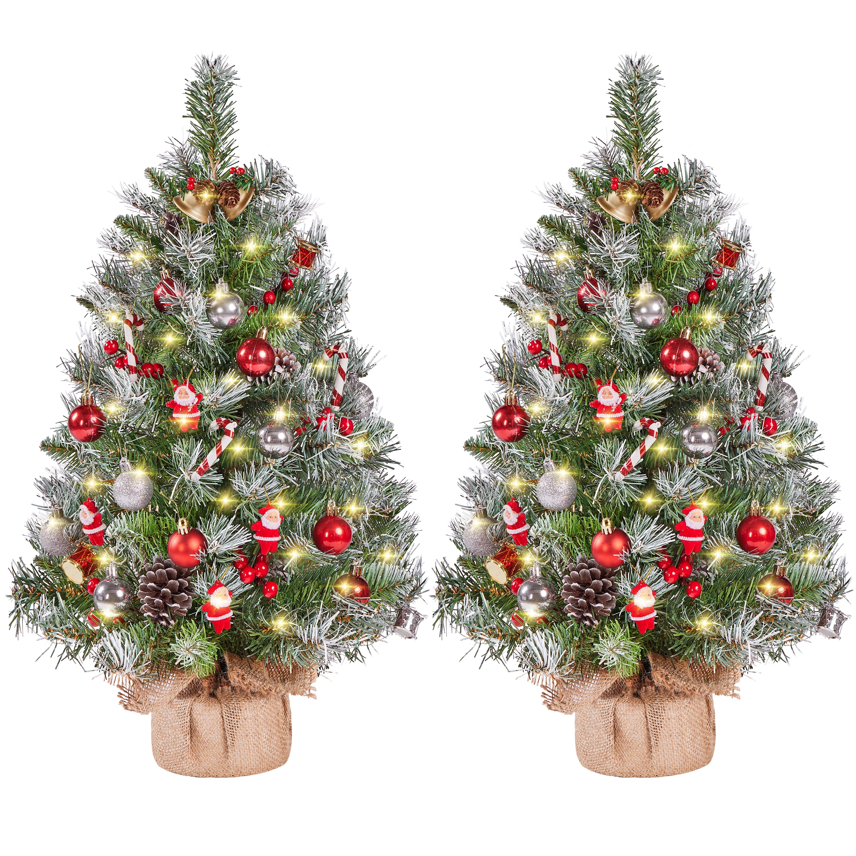 Alden Design Set of 2 3FT Frosted Tabletop Christmas Trees with Warm White LED Lights, Pinecones & Berries, Green
