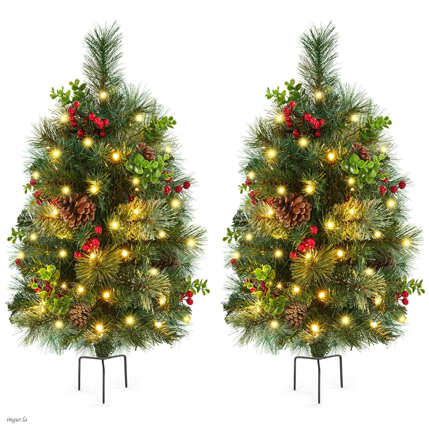 Alden Design Set of 2 3FT Pre-lit Outdoor Pathway Christmas Trees with Stakes,Red Berries and Pinecones for Driveway, Yard, Garden, Green