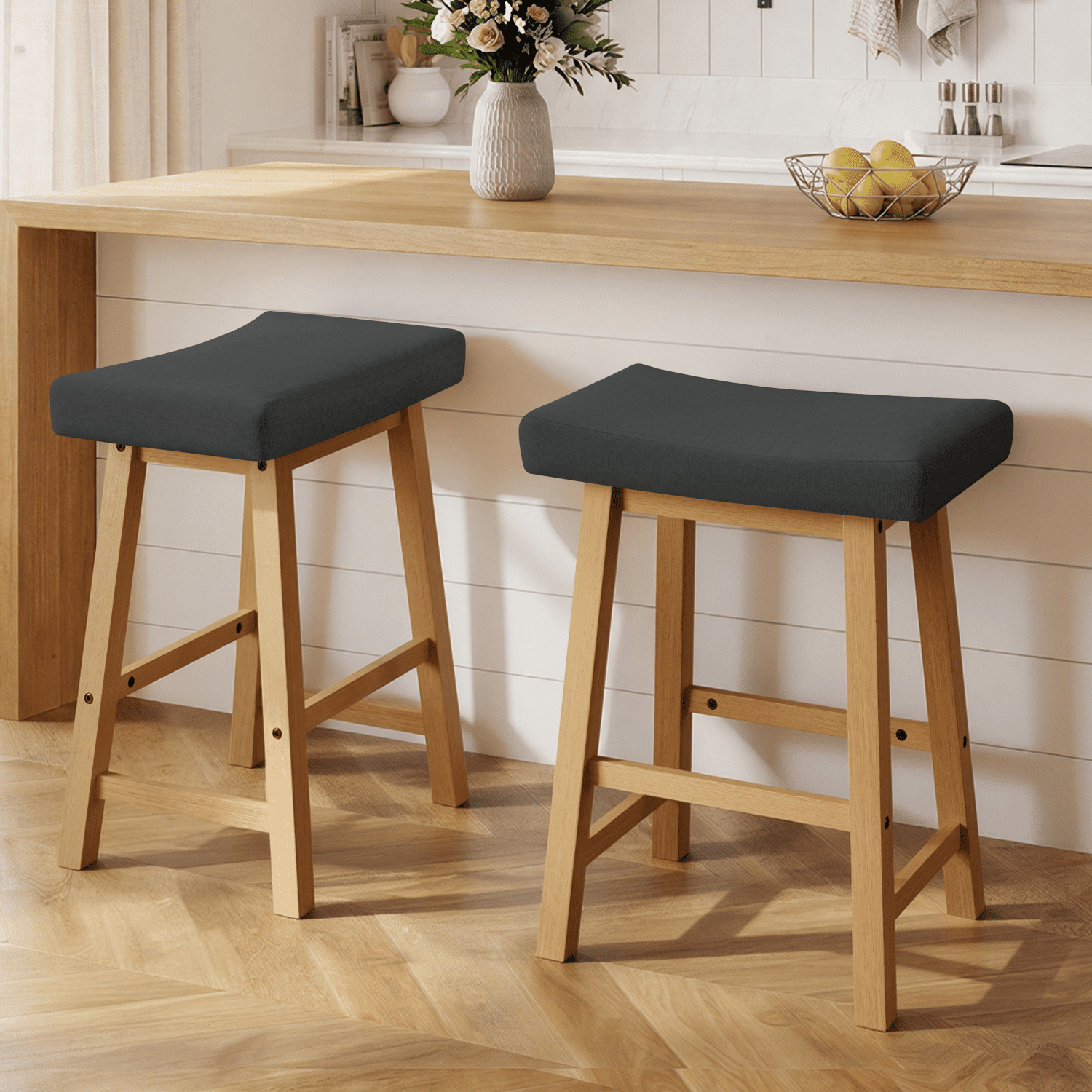 Alden Design Set of 2 Counter Height Bar Stools with Solid Wood Legs, Dark Gray