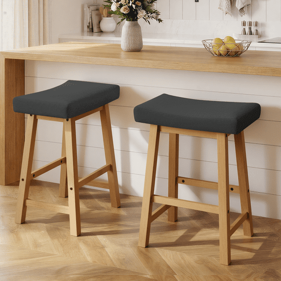 Alden Design Set of 2 Counter Height Bar Stools with Solid Wood Legs, Dark Gray