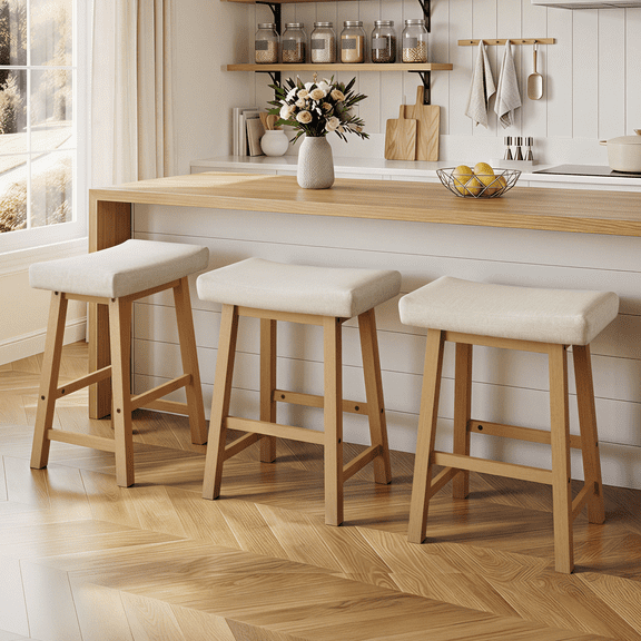 Alden Design Set of 3 Backless Saddle Stools with Upholstered Seat Cushion, Beige