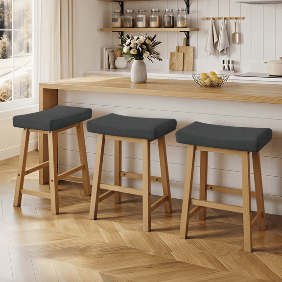 Alden Design Set of 3 Backless Saddle Stools with Upholstered Seat Cushion, Dark Grey