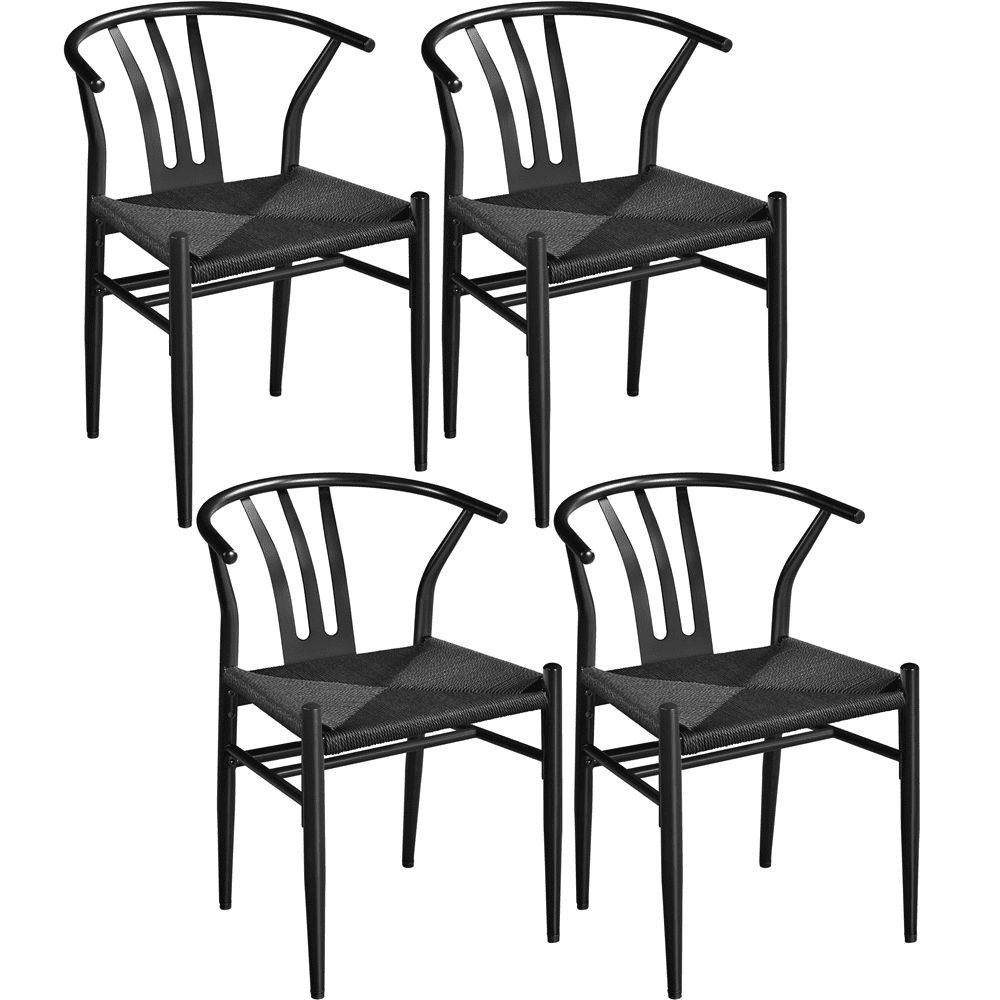 Alden Design Set of 4 Mid-Century Weave Dining Chairs with Solid Metal Frame, Full Black ...