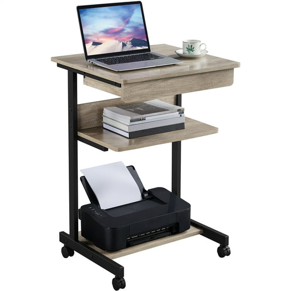 Alden Design Rolling Computer Desk with 2 Storage Shelves, Rustic Gray