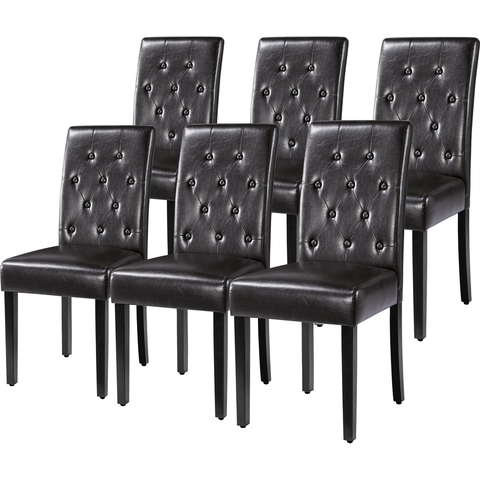 Alden Design Tufted Faux Leather Dining Chairs with Wood Legs for Kitchen, Set of 6, Brown