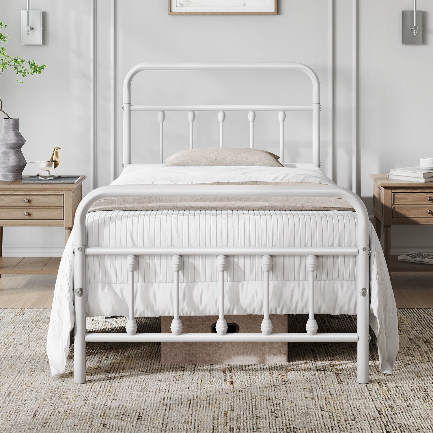 Alden Design Twin Size Classic Iron Platform Bed with High Headboard and Footboard, White