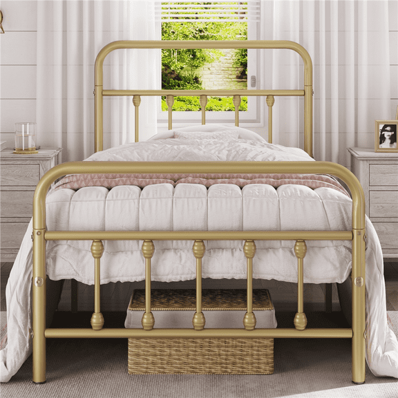 Alden Design Twin Size Metal Platform Bed Frame with High Headboard and Footboard for Adult, Antique Gold