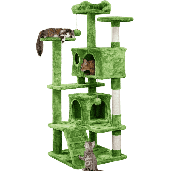 Alden Design Upholstered 6-Level 54" Cat Tree with 2 Condos, Green