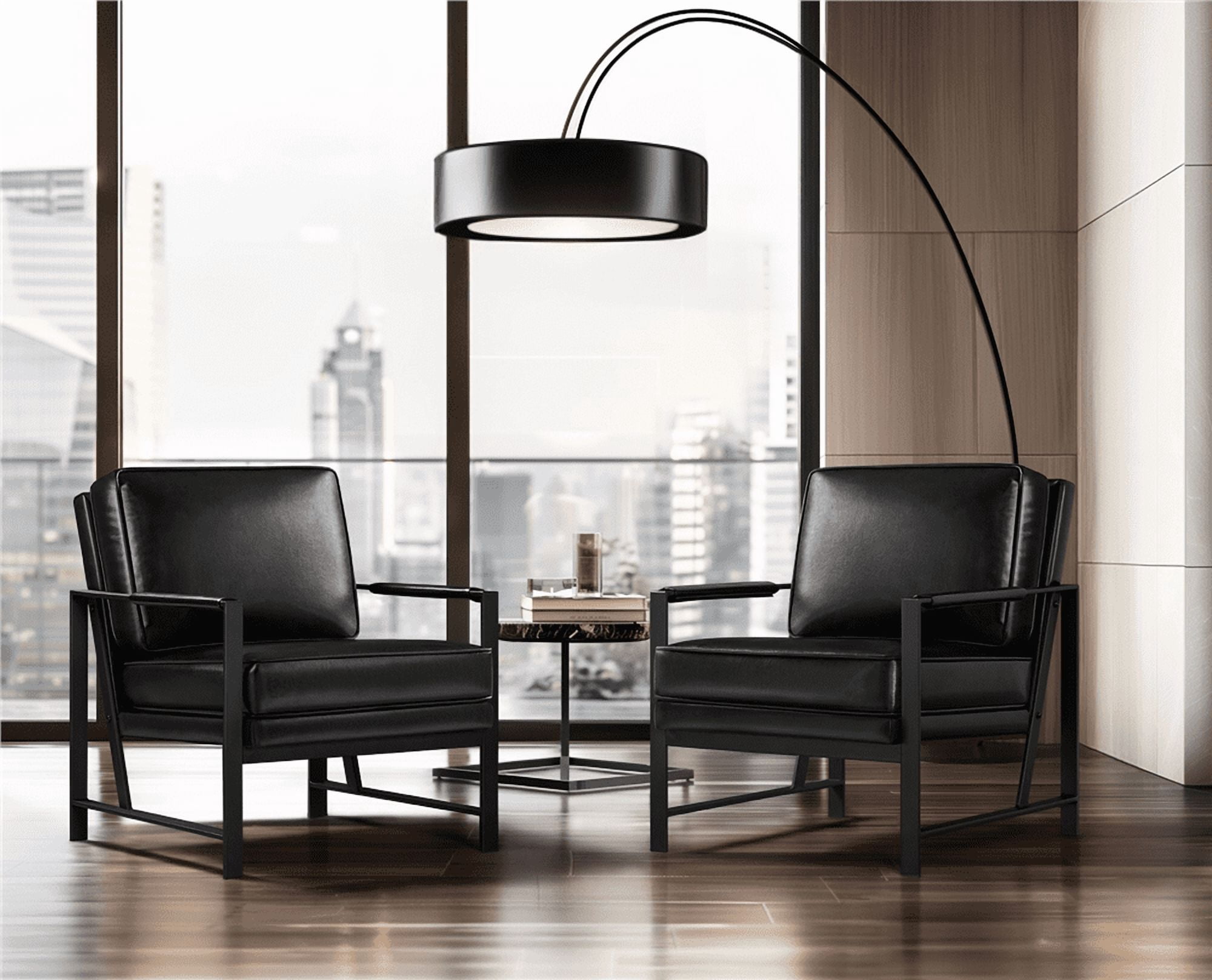 Alden Design Upholstered PU Leather Accent Chairs with Metal Arms, Set of 2, Black