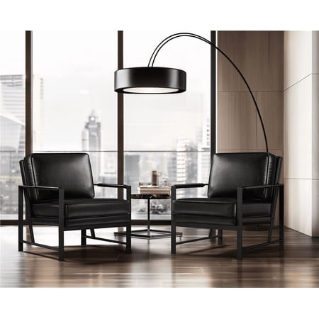 Alden Design Upholstered PU Leather Accent Chairs with Metal Arms, Set of 2, Black