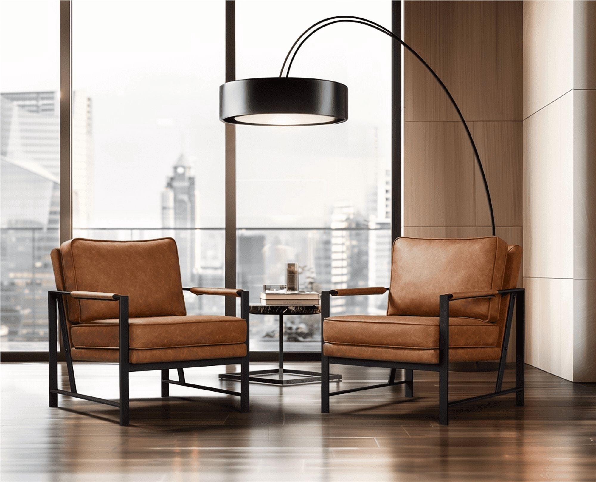Alden Design Upholstered PU Leather Accent Chairs with Metal Arms, Set of 2, Light Brown