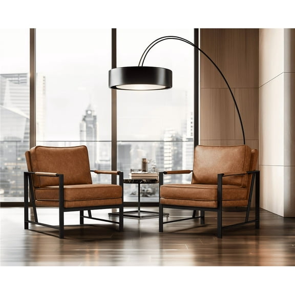 Alden Design Upholstered PU Leather Accent Chairs with Metal Arms, Set of 2, Light Brown