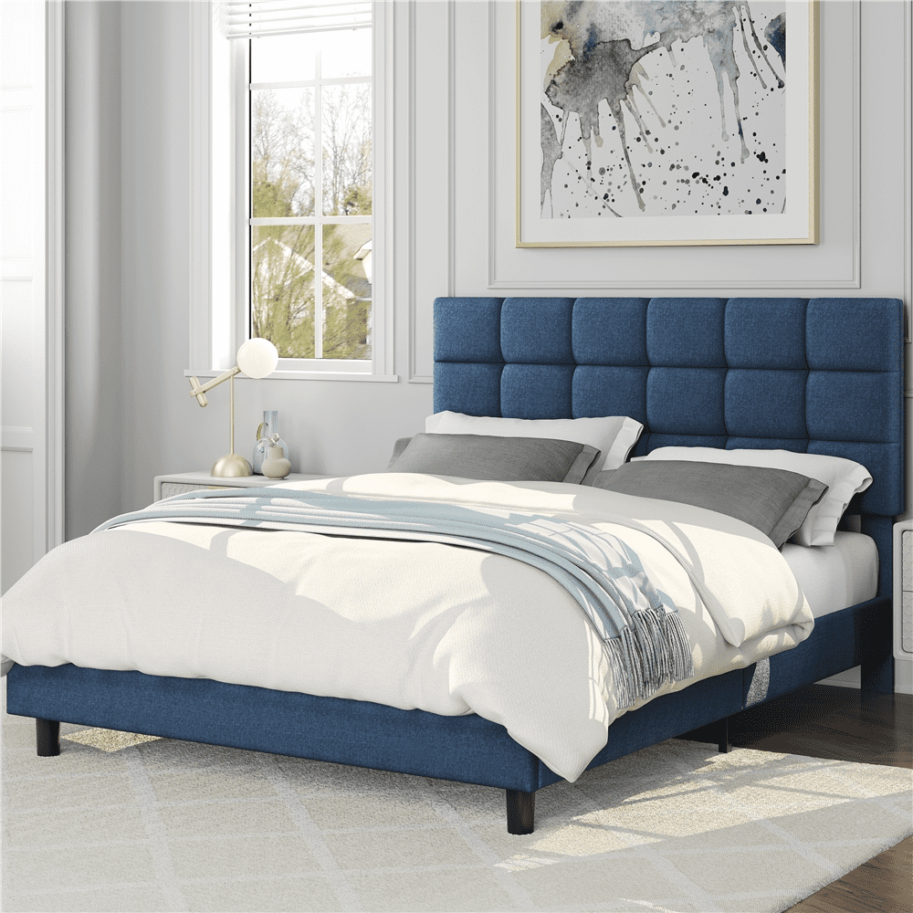 Navy Blue Linen Upholstered Full Platform Bed with Tufted Headboard