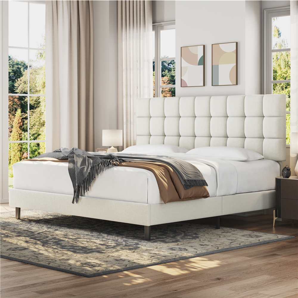My Texas House Anna Upholstered Diamond Tufted Platform Bed, King, Oat