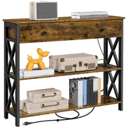 Alden Design Vintage Wood Console Table with Power Outlet & 1 Drawer for Entryway, Rustic Brown