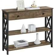 Alden Design Wood Console Table with Drawers and Shelves, Taupe Wood with Dark Frame