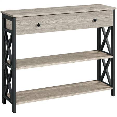 Alden Design Wood and Iron Console Table, 1 Drawers and 2 Shelves, Rustic Gray with Dark Frame