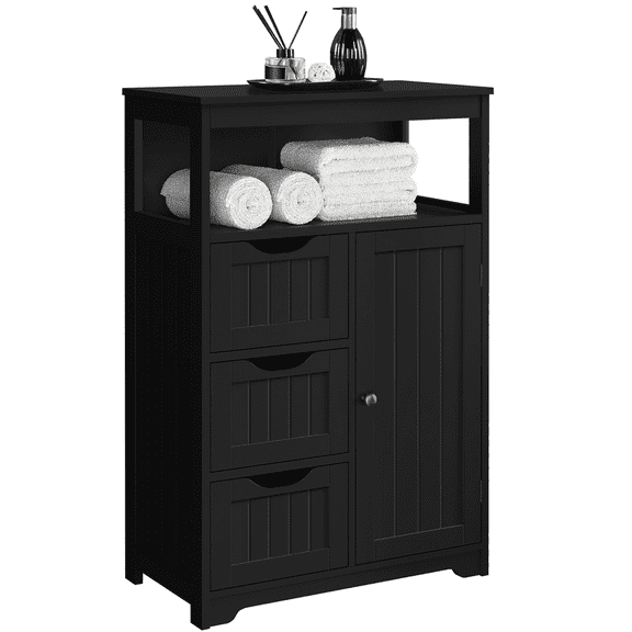 Alden Design Wooden Bathroom Floor Cabinet Storage Organizer with Drawers, Black