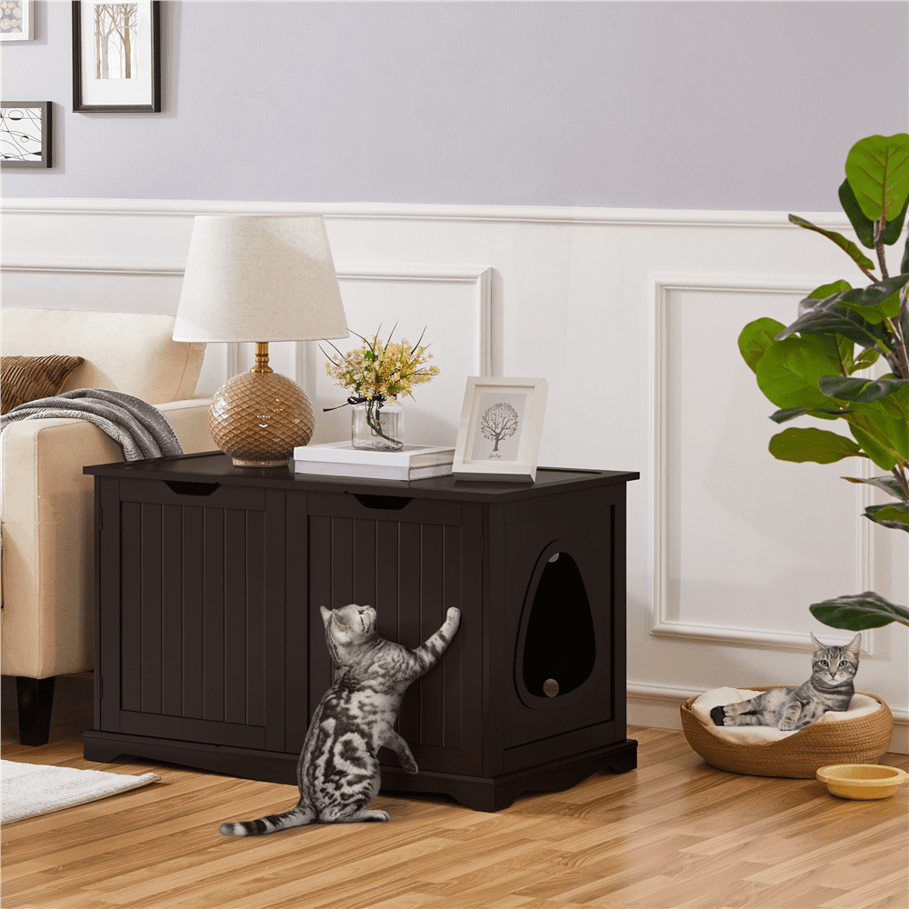 Alden Design Wooden Cat Litter Box Side Table with Washroom Storage Bench, Espresso