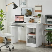 Alden Design Wooden Home Office Computer Desk with Drawers and Keyboard Tray, White