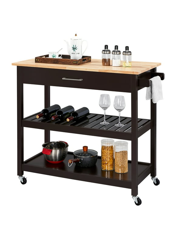Alden Design Wooden Kitchen Cart with Storage Shelves and Drawer, Espresso/Oak