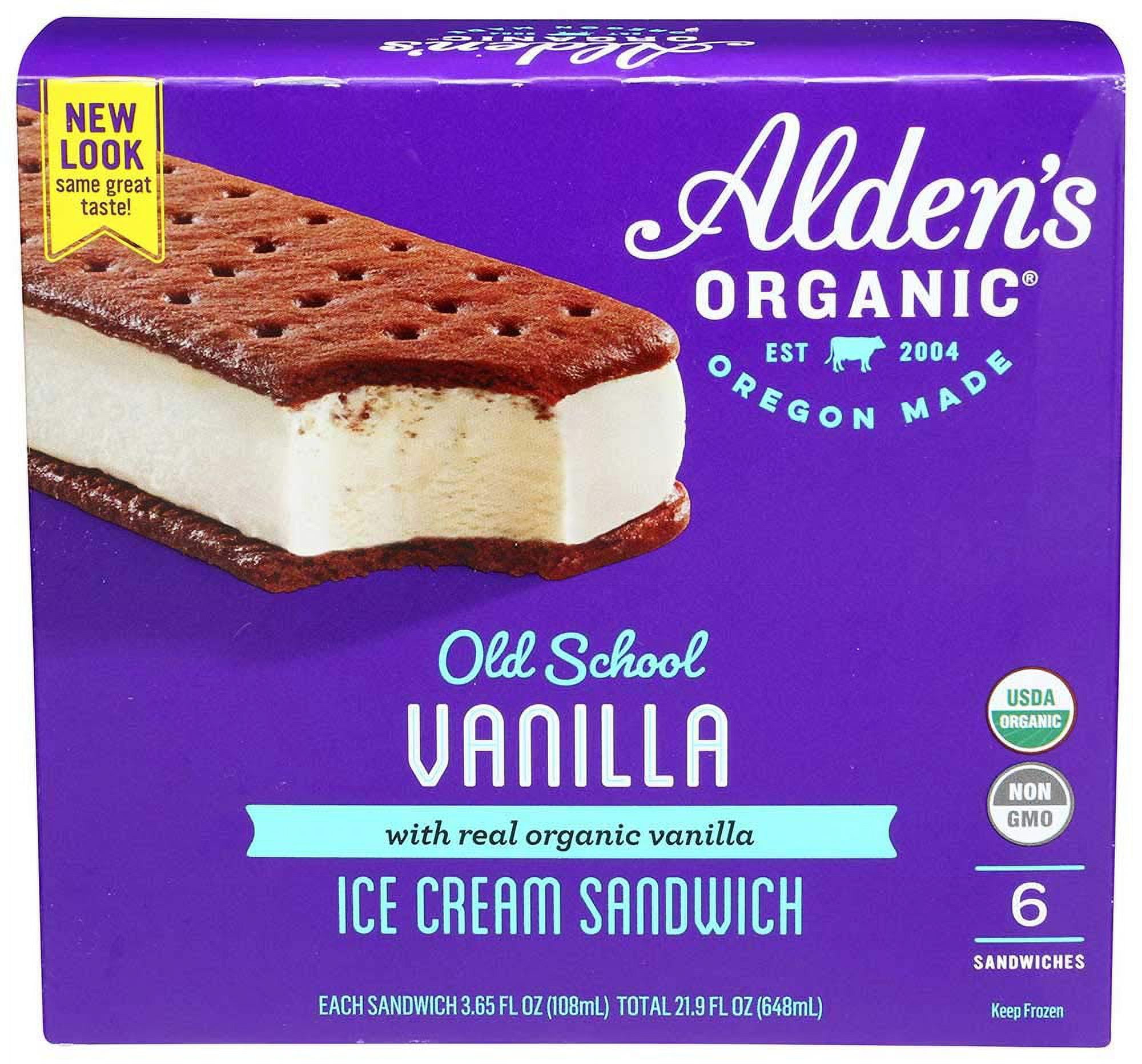 Aldens Organic Old School Vanilla Ice Cream Sandwich, 3.65 Fluid Ounce - 6 count per pack - 12 packs per case.