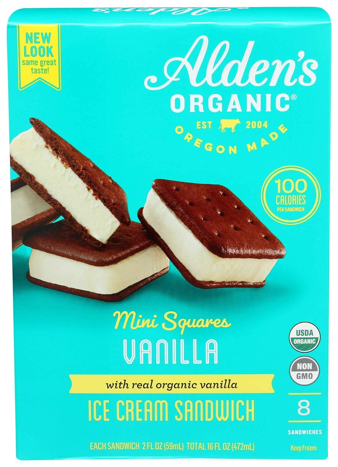 Aldens Organic Vanilla Mini Square Ice Cream Sandwich, 2 Fluid Ounce - 8 count per pack - 12 packs per case.