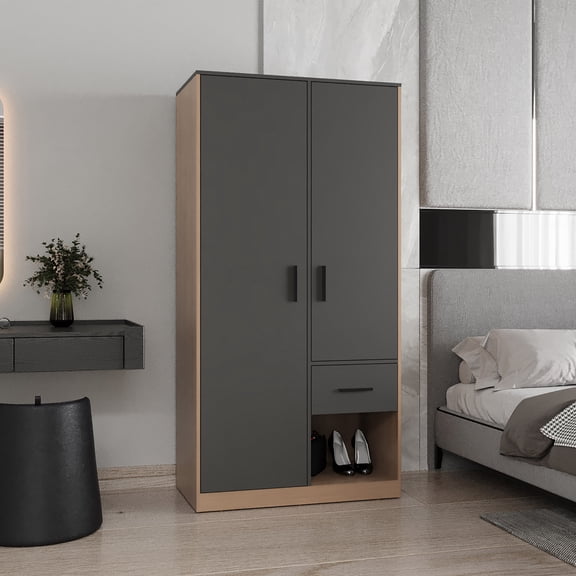 Alder 2-Door One Drawer Amoire with 2 Cabinets, Two Hanging rods and Four Shelves in Matt Gray and Natural Oak