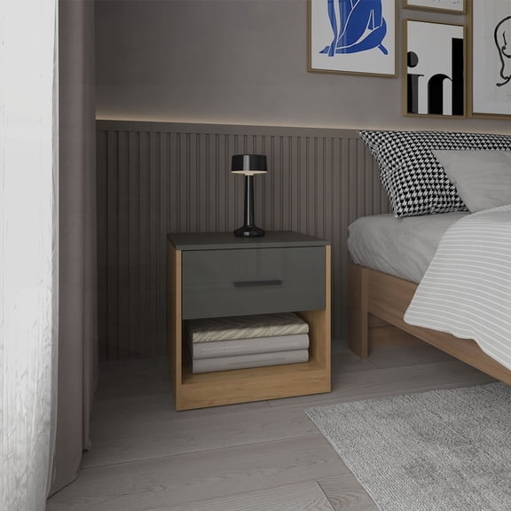 Alder Modern 1 Drawer Nightstand with Open Shelf Natural Oak Matt Gray