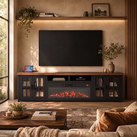 Aldercliff 86Solid Wood Fireplace TV Stand, Entertainment Center 40 WI-Fi Electric Fireplace, Modem Media Console with Tempered Glass Doors for Living Room, Black