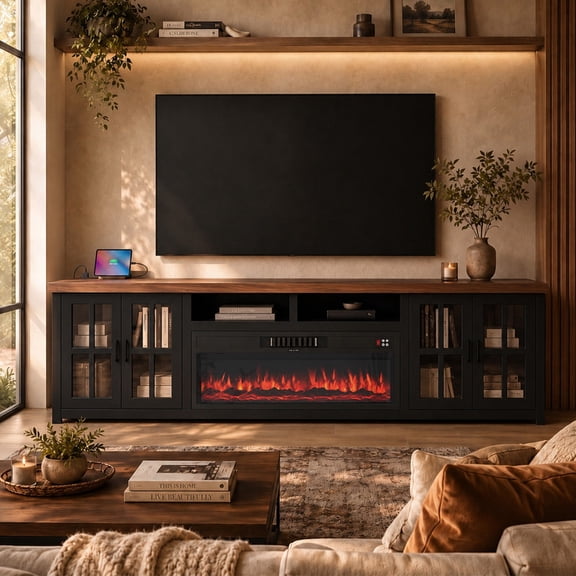 Aldercliff 98”Solid Wood Fireplace TV Stand, Entertainment Center 40” WI-Fi Electric Fireplace, Modem Media Console with Tempered Glass Doors for Living Room, Black