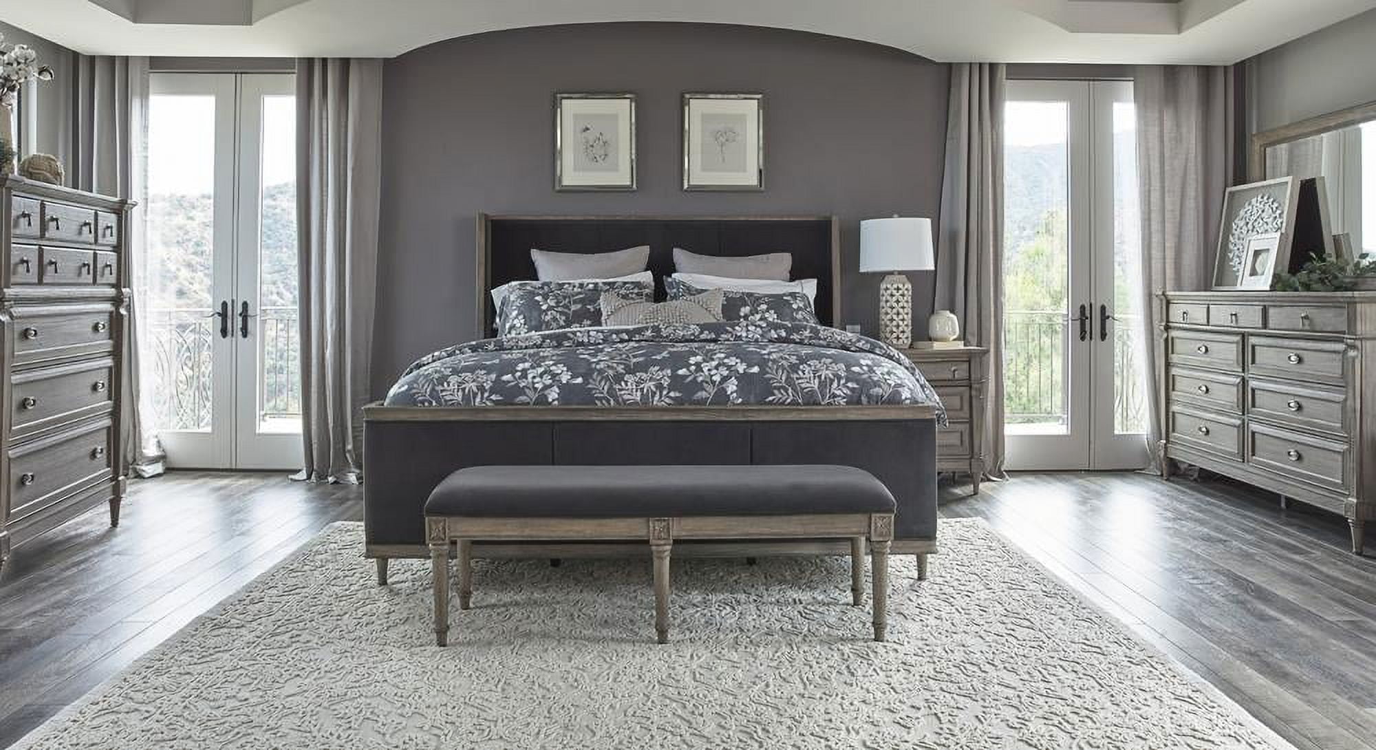 Alderwood French Grey 5-Piece King Bedroom Set with Velvet Upholstery