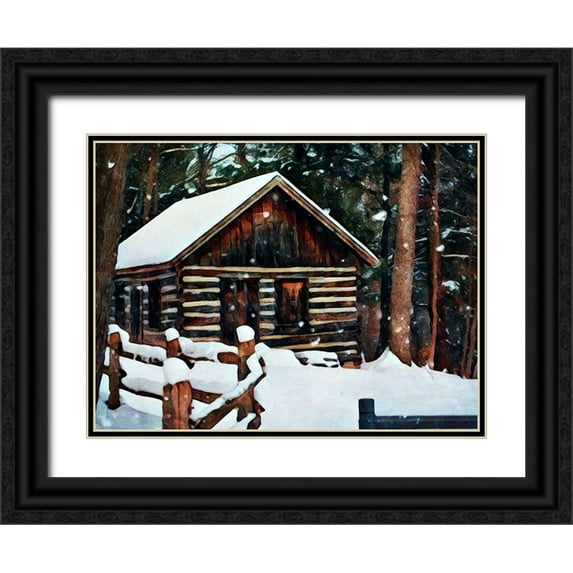 Aldridge, Ashley 18x15 Black Ornate Wood Framed with Double Matting Museum Art Print Titled - Snow Covered Cabin